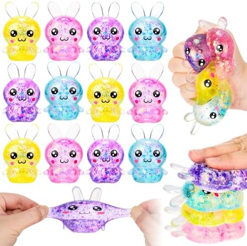 12 pack sequin glitter jelly bunny squishy squeeze toy set