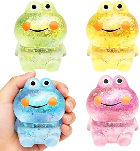 4 pack glitter frog squishy slow rising sensory toy in green yellow blue pink