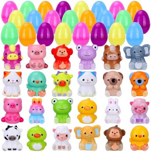 Farm animal squishy toys with 24 prefilled plastic eggs