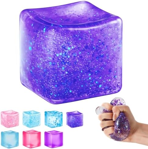 Purple glitter ice cube squishy stress ball with sparkle beads