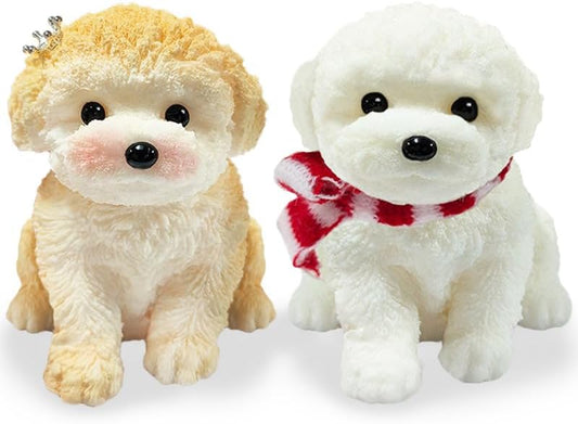Two fluffy dog squishy puppies in apricot and white