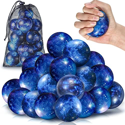 Pile of blue nebula galaxy squishy ball stress balls with mesh bag