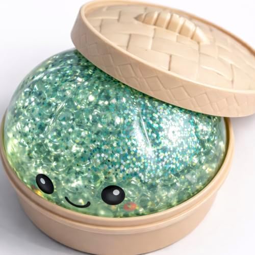 Green bubble-bead dumpling squishy in a steamer basket
