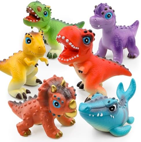 Six soft squishy dinosaur figures including T-rex and triceratops