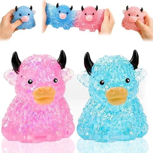2 pack pink and blue glitter crystal cow squishy stress toy