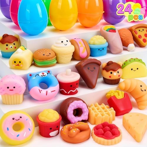 Fast food and dessert mochi squishies with plastic eggs