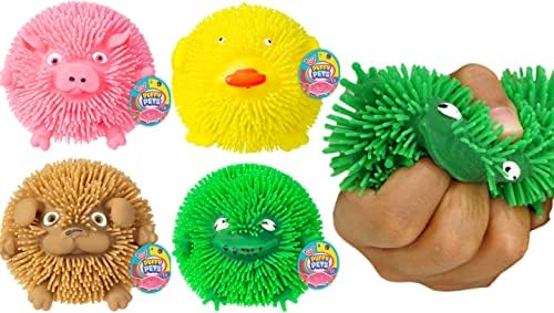Four puffer animal squishies pig duck dog and frog with bubble domes