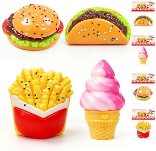 Four fast food mochi squishy toys: burger, taco, fries, and ice cream