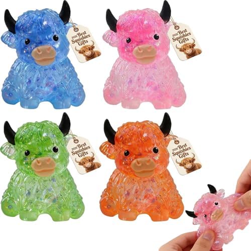 4 pack mini glitter highland cow squishy slow rising fidget set
