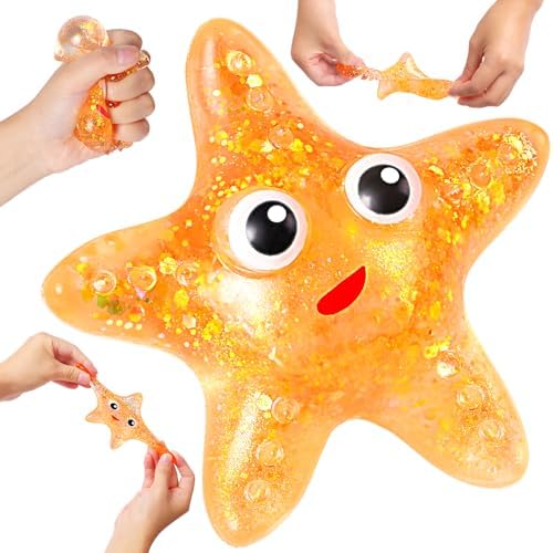 Orange glitter starfish water bead squishy squeeze ball