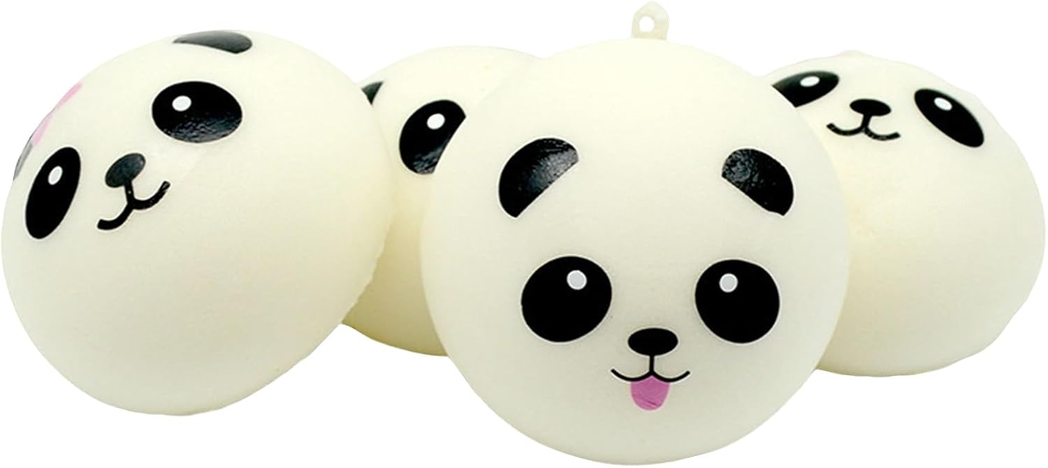 Four panda bun squishies with printed faces