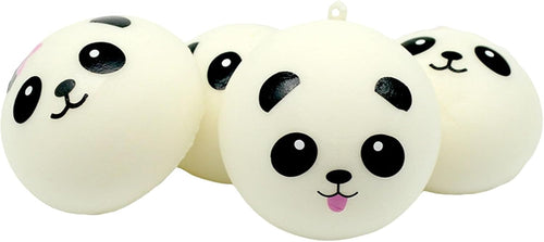 Four panda bun squishies with printed faces