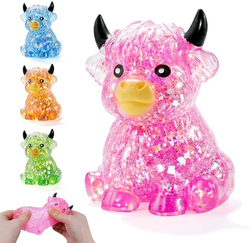 Pink star glitter crystal bead highland cow squishy squeeze toy