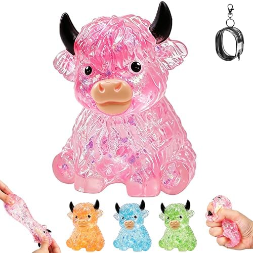 Blush pink glitter crystal highland cow squishy sensory toy