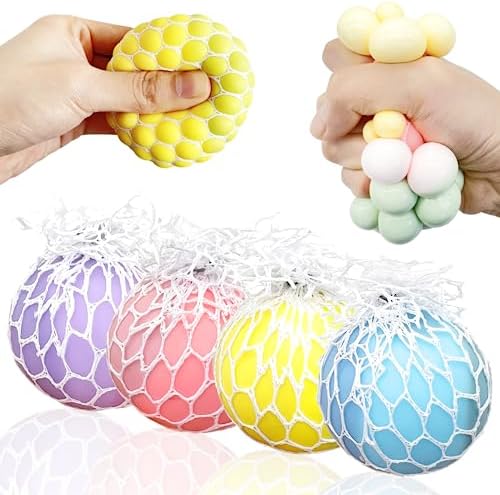 Pastel macaron mesh squishy ball 4 pack in lavender, pink, yellow and blue