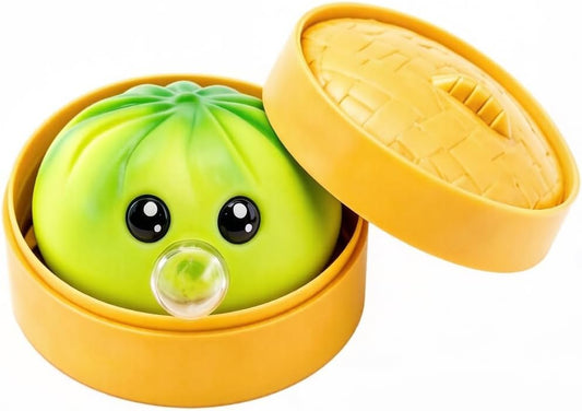 Green bao bun bubble squishy blowing a clear bubble in a steamer basket