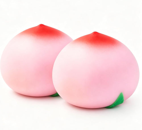 Peach squishy twin pack two pink red peaches soft squeeze slow rising fruit toys