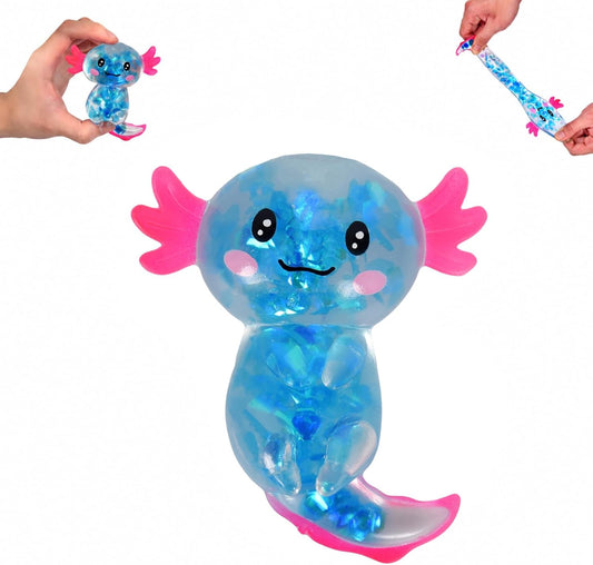 Blue confetti axolotl squishy sequin filled squeeze toy