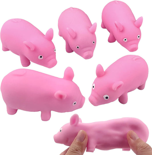 Six pink latex pig squishy grunt piggies