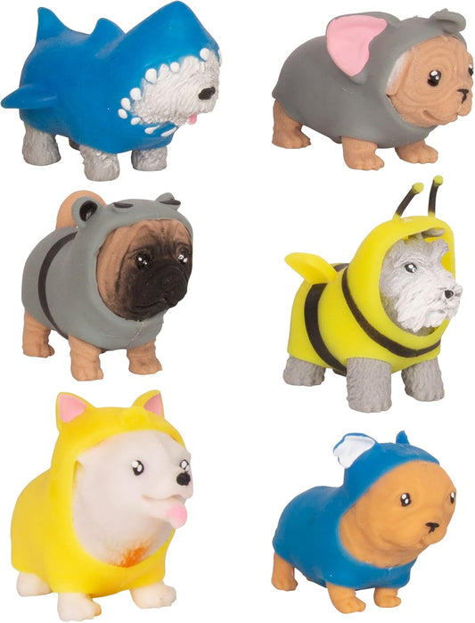 Six costume puppy dog squishy toys in animal outfits