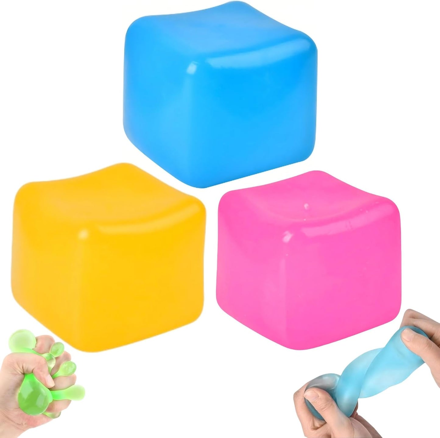 Three translucent ice-cube gel ball squishy stress cubes in blue, yellow and pink