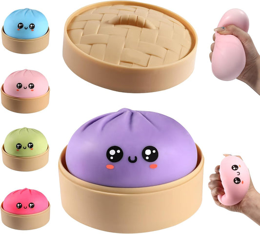 Purple dumpling squishy stress ball in a steamer