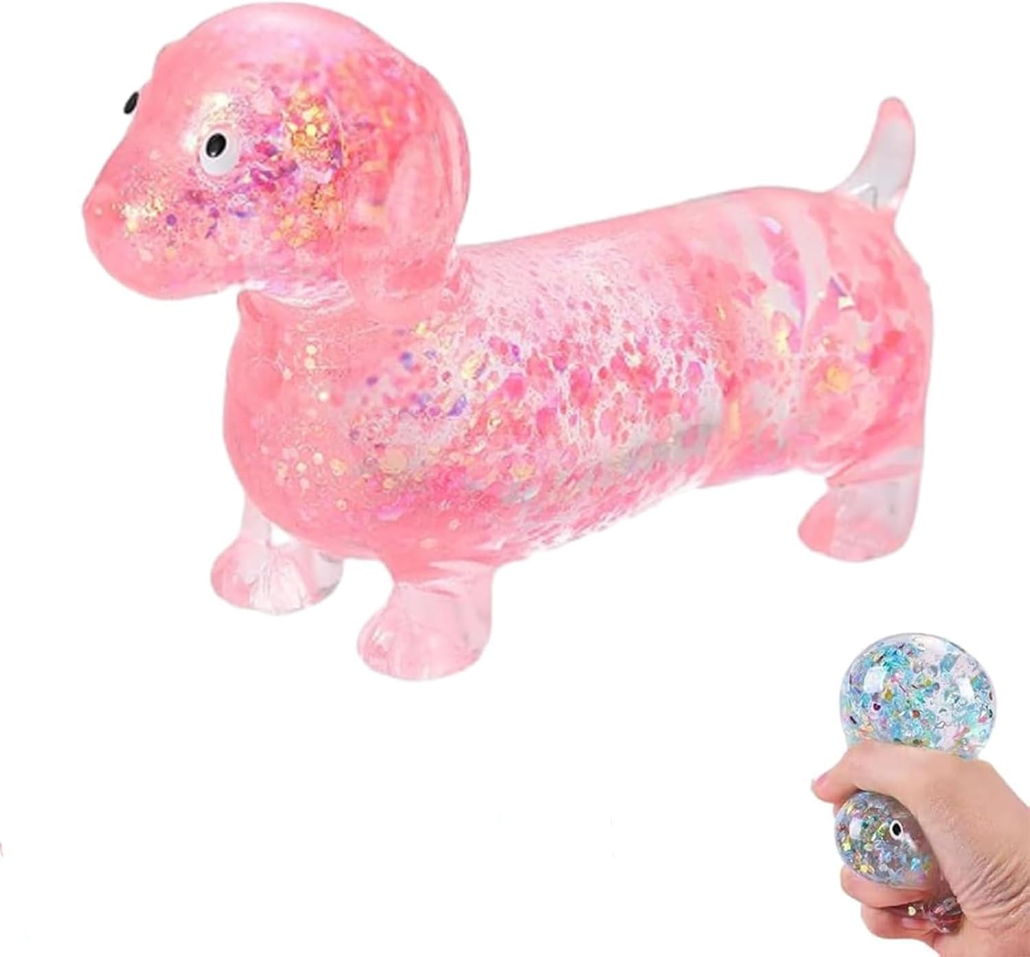 Pink sparkly dachshund sausage dog squishy stress ball