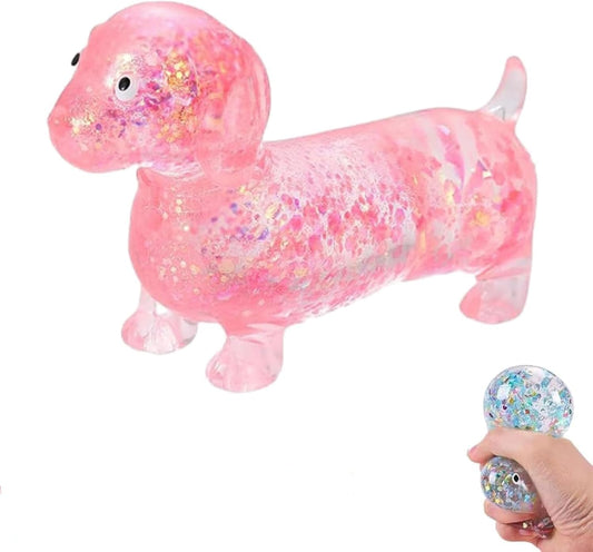 Pink sparkly dachshund sausage dog squishy stress ball
