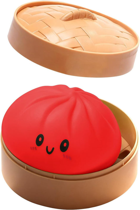 Red smiley dumpling squishy in a steamer basket