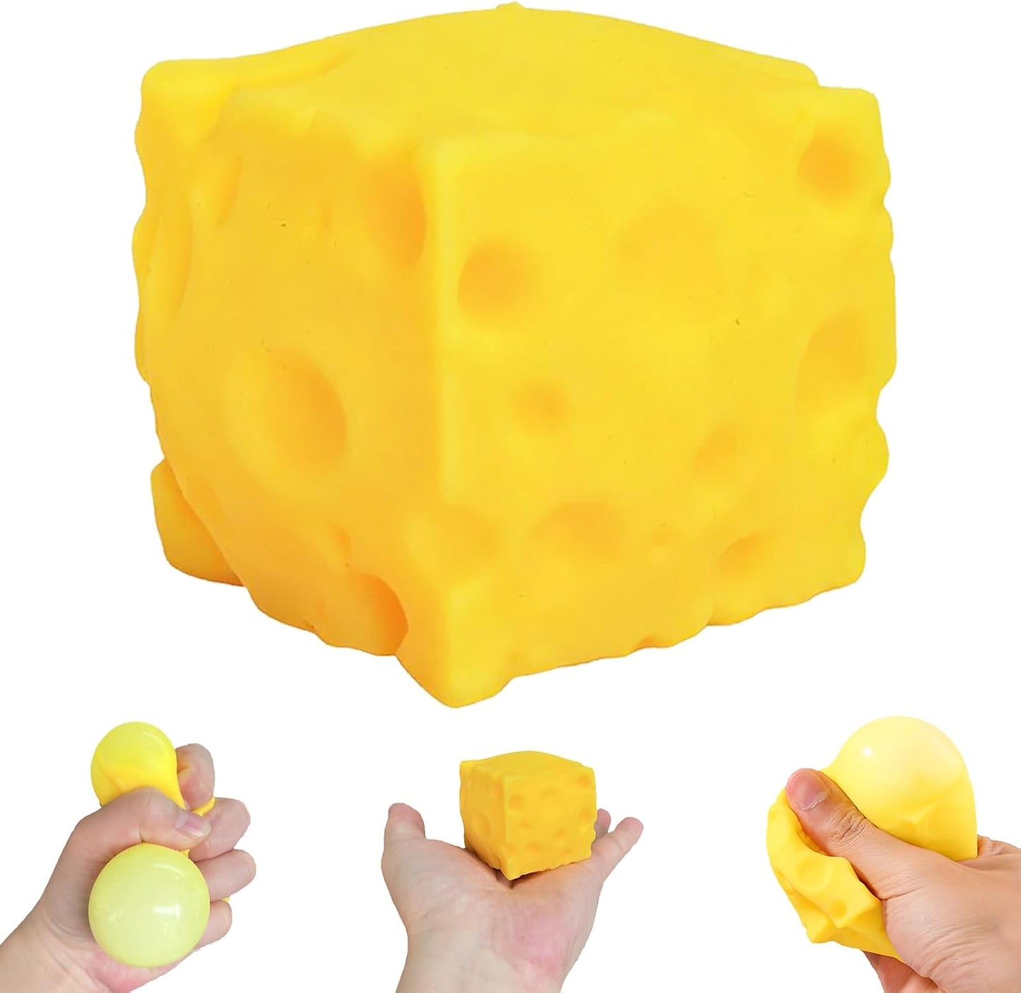 Yellow cheese squishy cube squeezed in hands on white