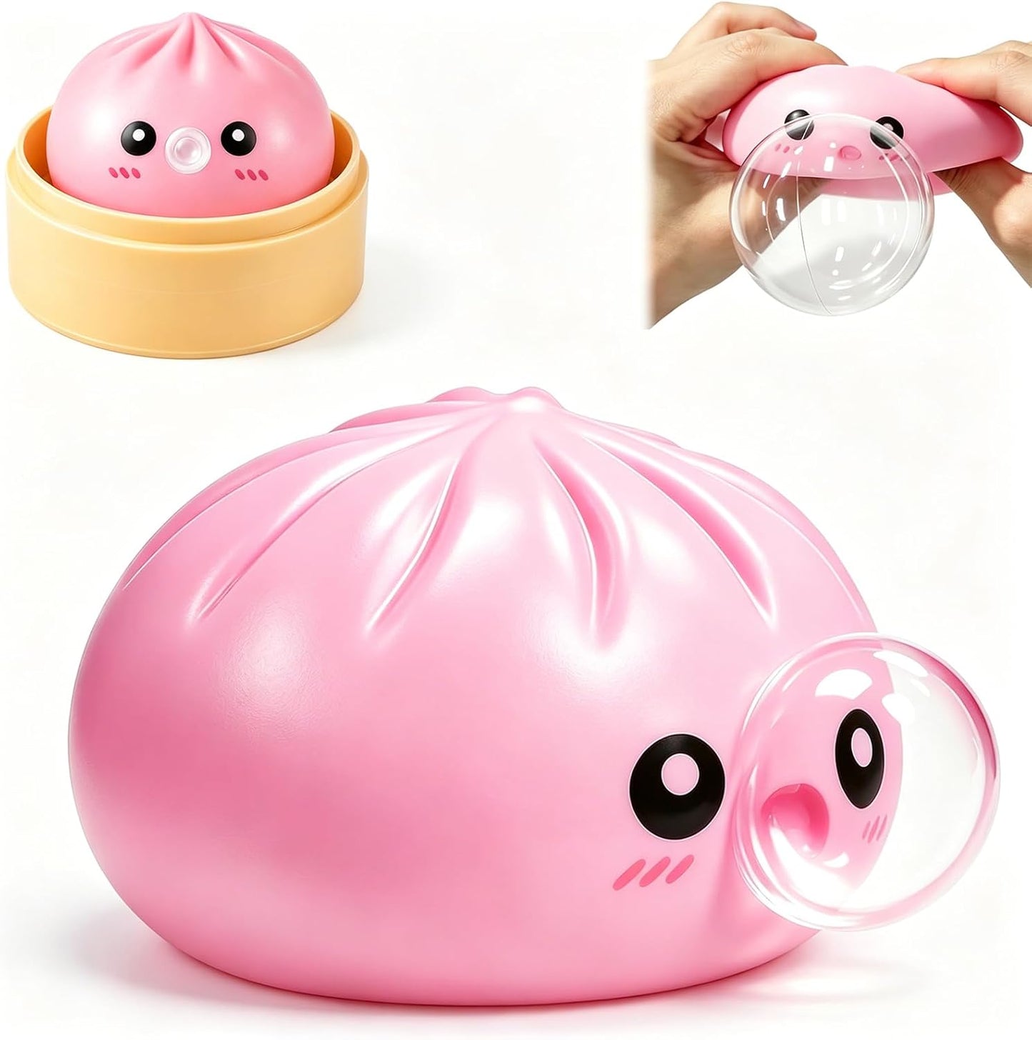 Pink bao bun bubble squishy blowing a clear bubble in a steamer basket