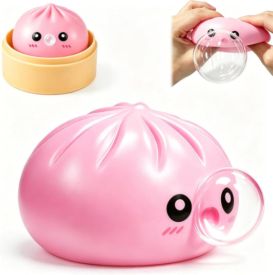 Pink bao bun bubble squishy blowing a clear bubble in a steamer basket