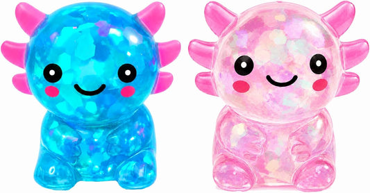 Blue and pink axolotl squishy 2 pack glitter squeeze set