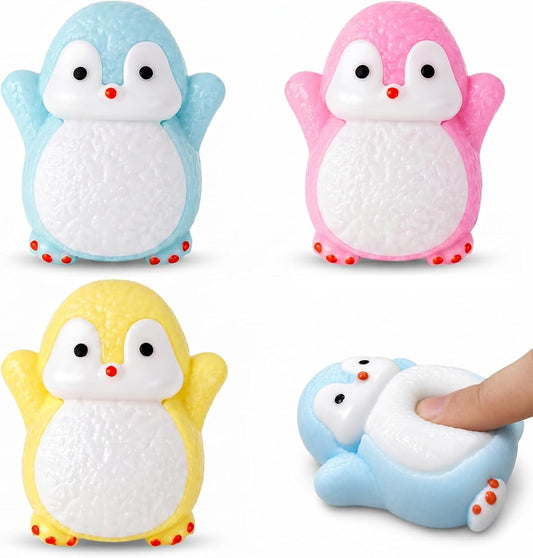3 pack penguin squishy set blue pink yellow stress toy