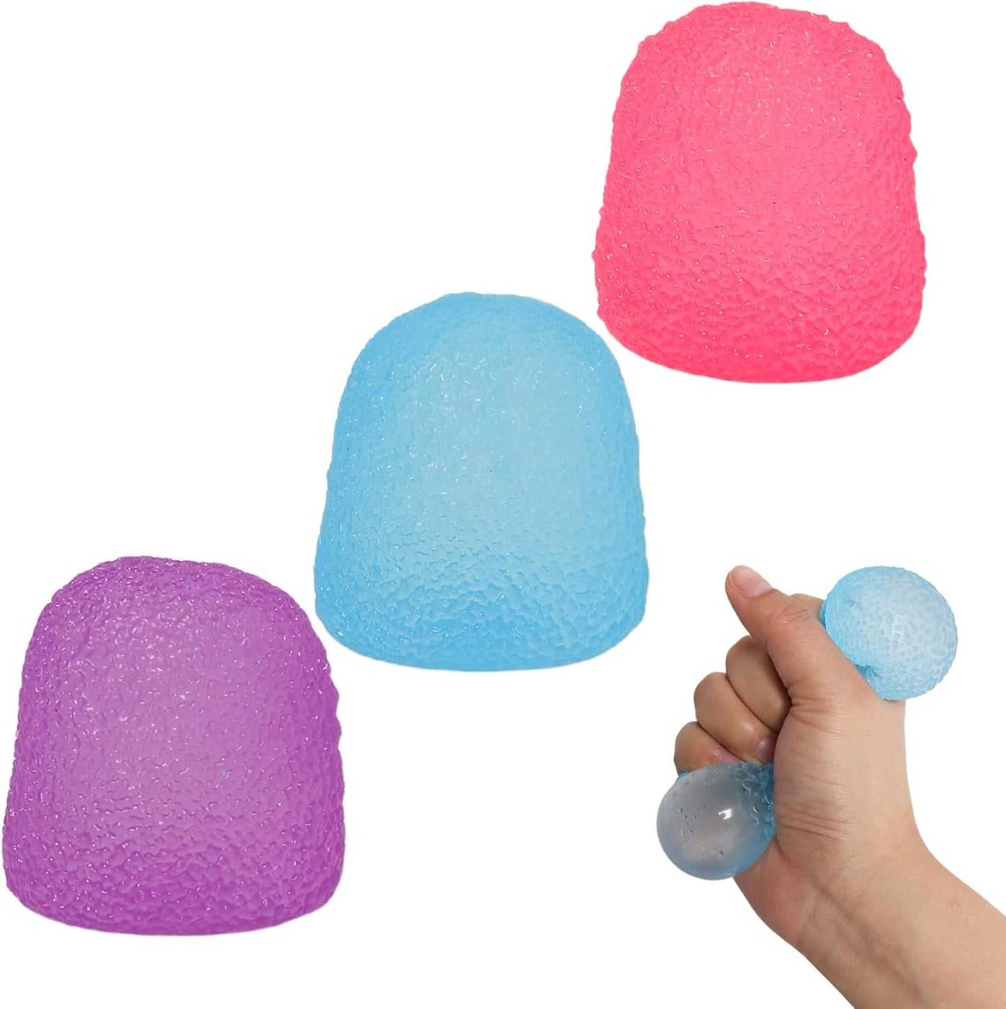 Three colorful candy squishy squeeze stress balls