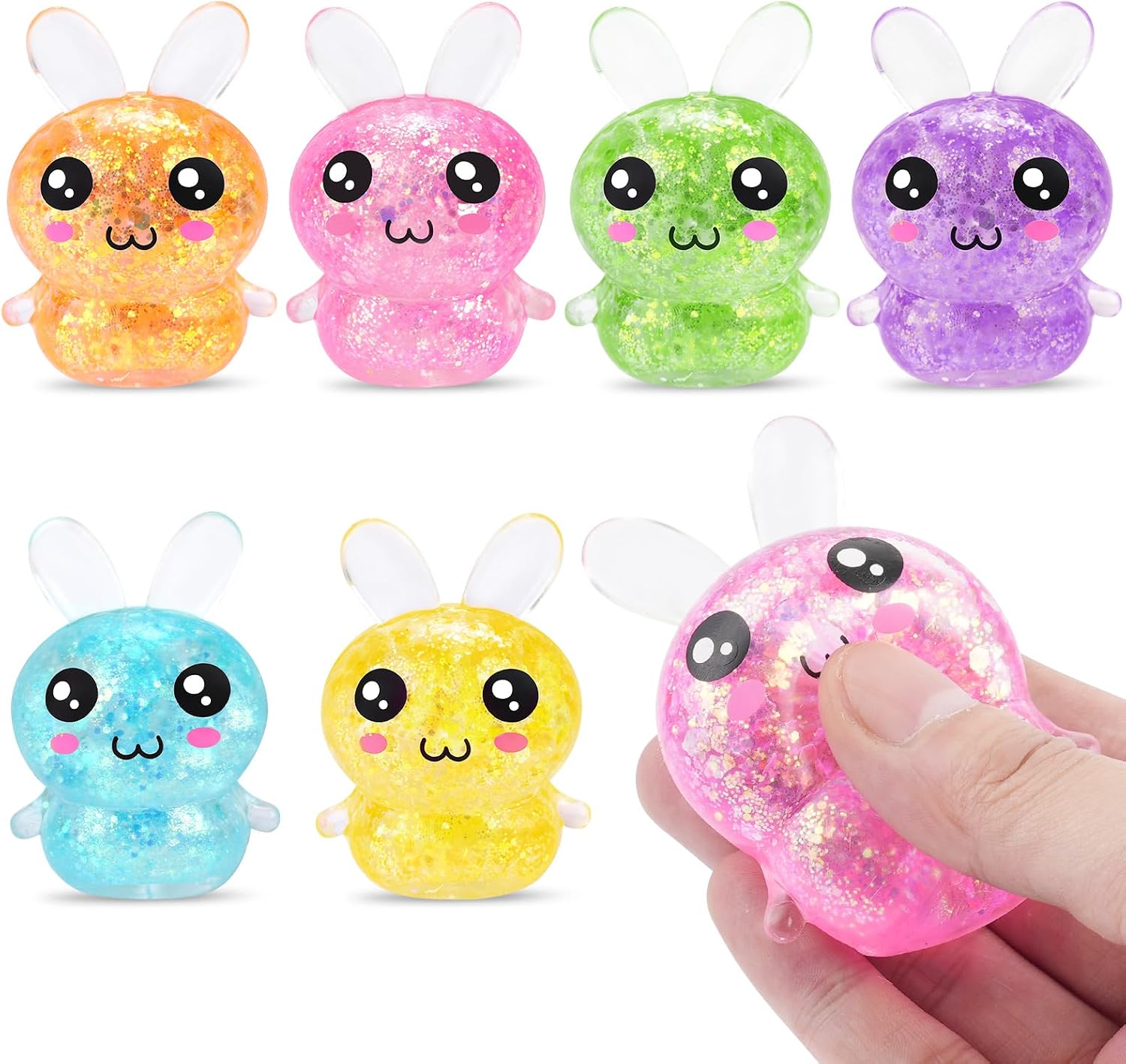 Six mini glitter sugar bunny squishies in assorted colors