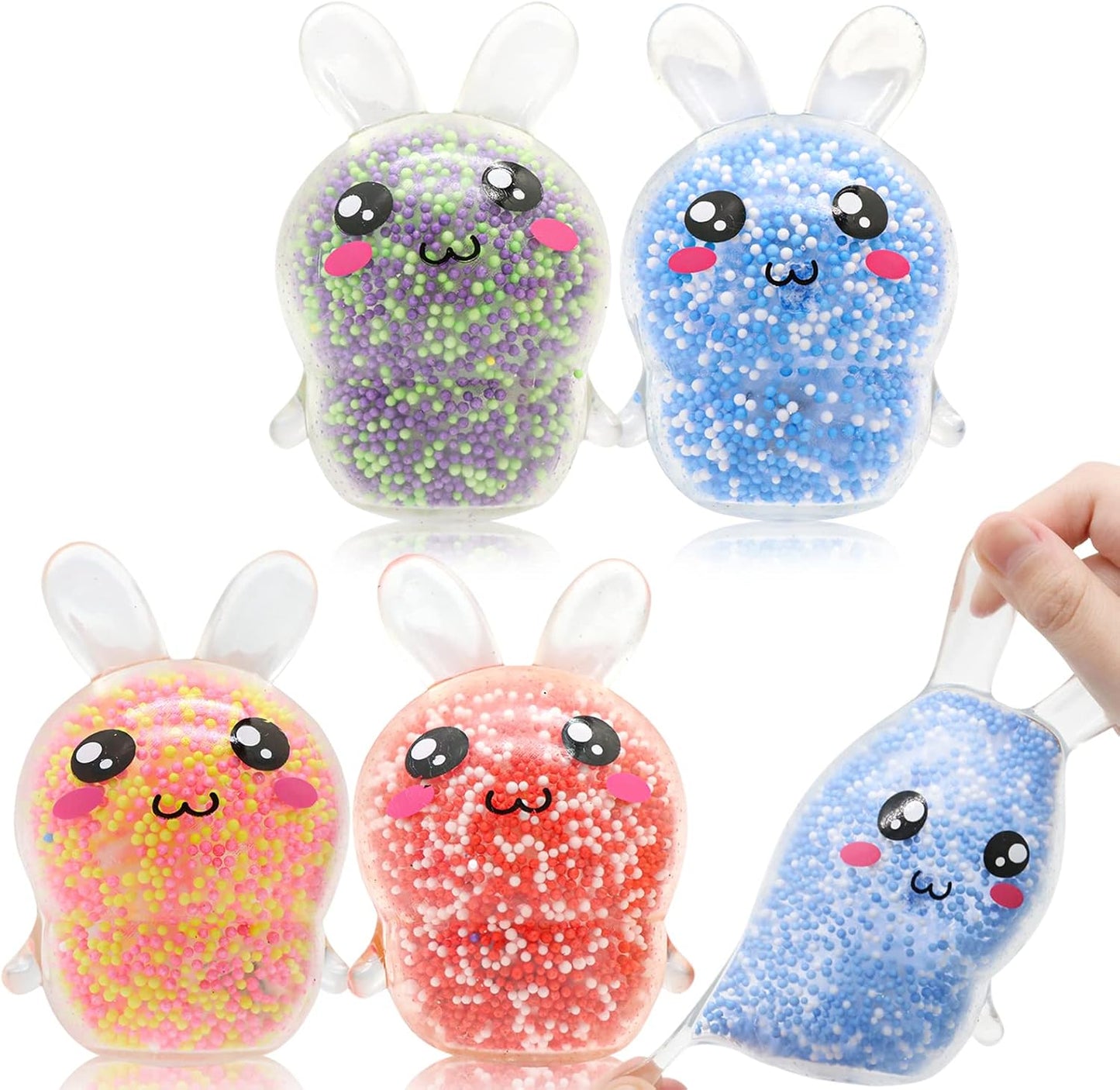 Five foam bead bunny squishies with blushing faces in five colors