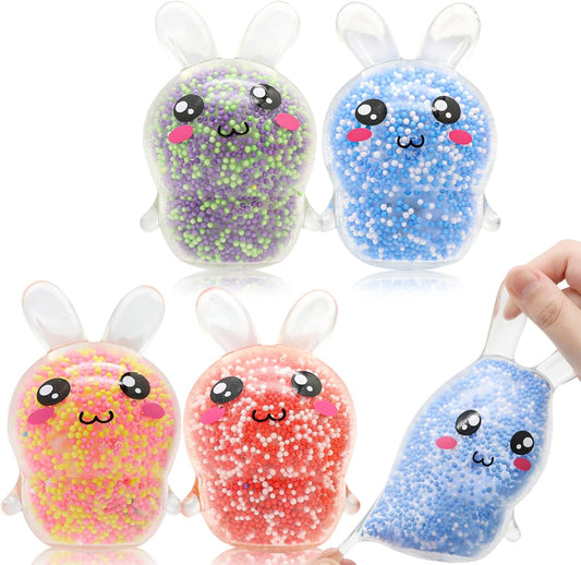 Five foam bead bunny squishies with blushing faces in five colors