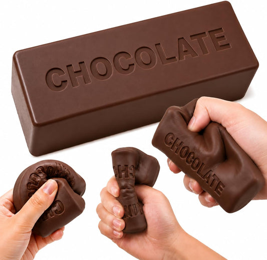 Embossed chocolate squishy brick being squeezed