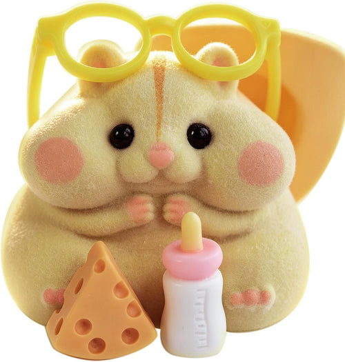 Yellow flocked hamster squishy with glasses, cheese and milk bottle