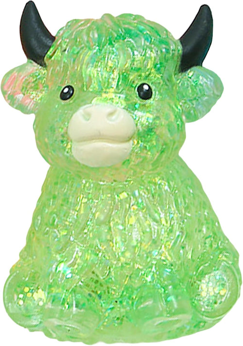 Mini green glitter highland cow squishy pocket stress toy
