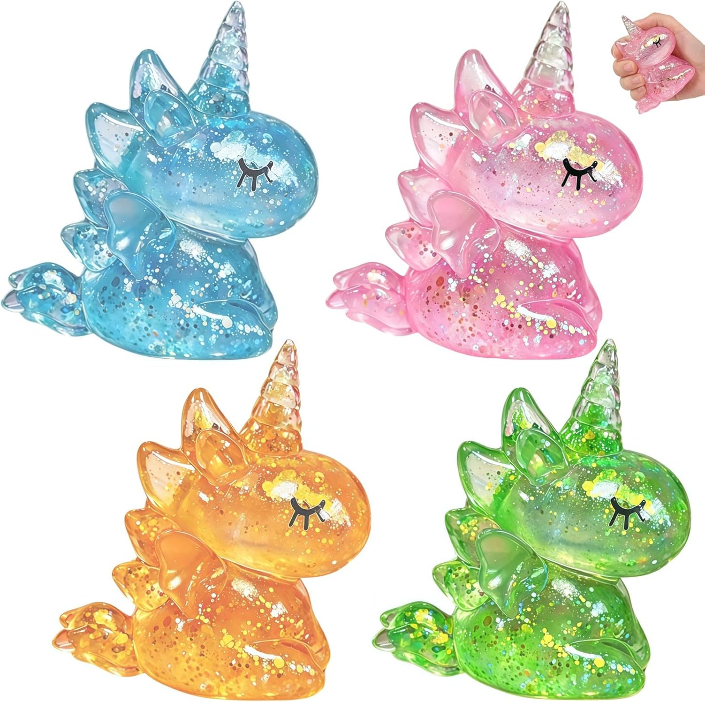 Four glitter unicorn squishy slow rising sensory toys in blue pink orange and green