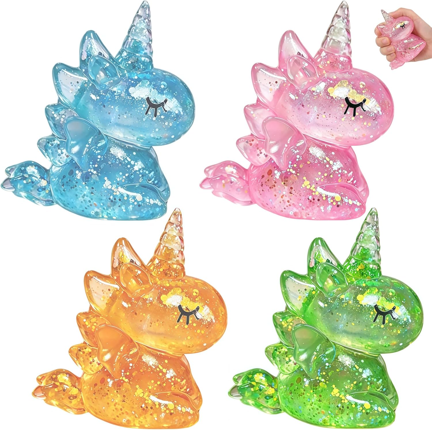 Four glitter unicorn squishy slow rising sensory toys in blue pink orange and green