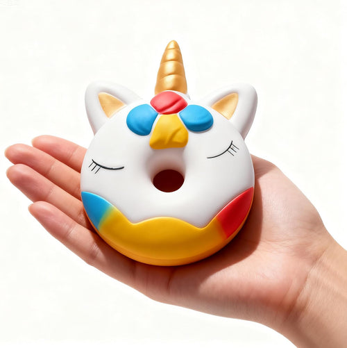 White unicorn donut squishy with golden horn held in palm