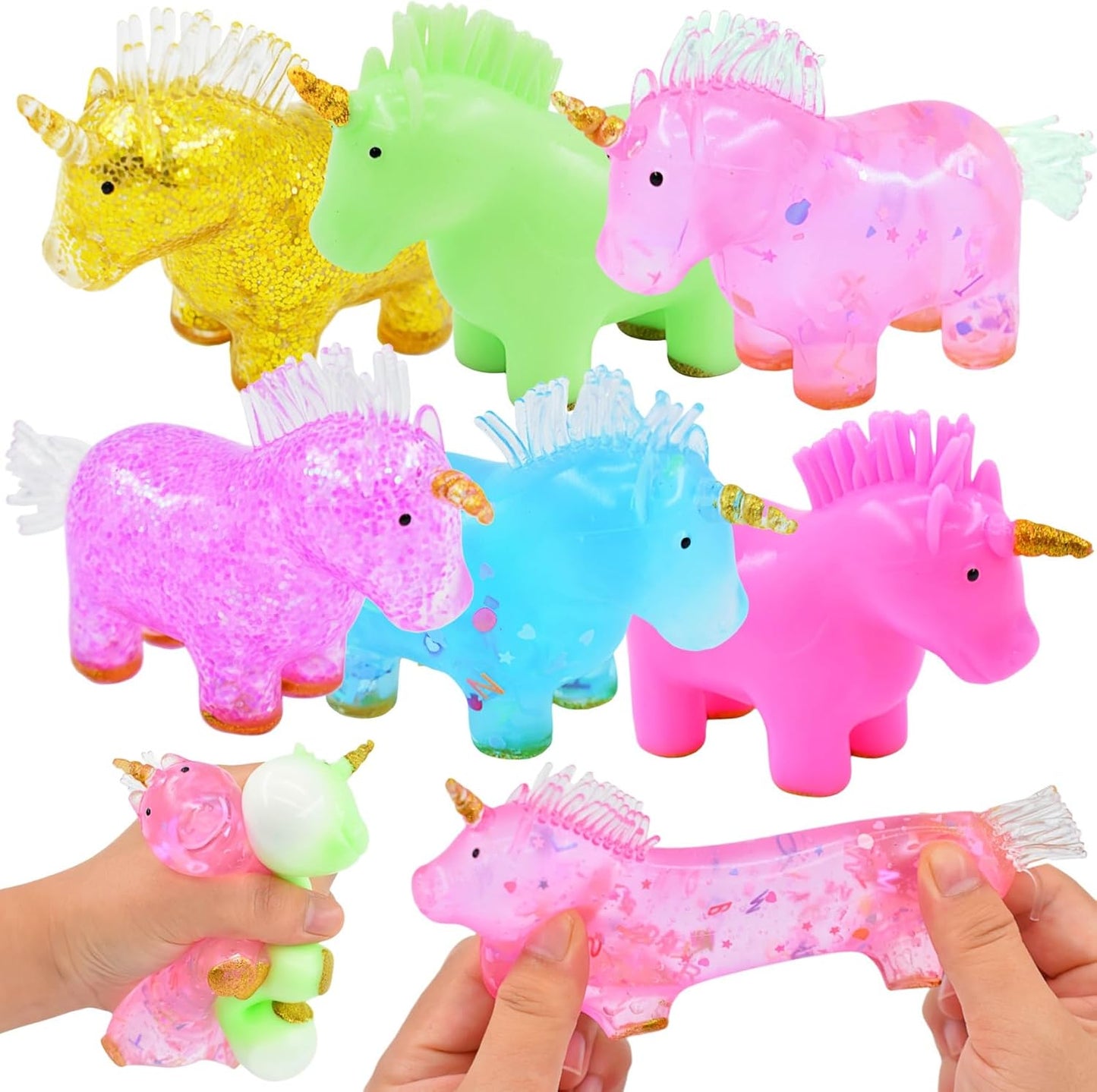 Six pack glitter unicorn squishy stretchy sensory fidget toys with bristle manes