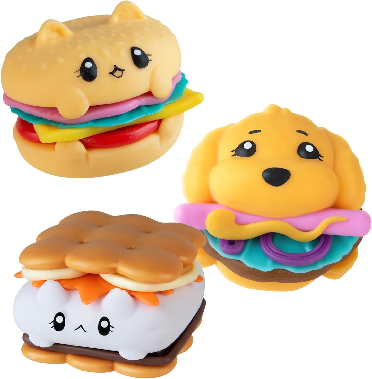 Kawaii hamburger squishy 3-pack with cat and puppy burger faces and a s'more