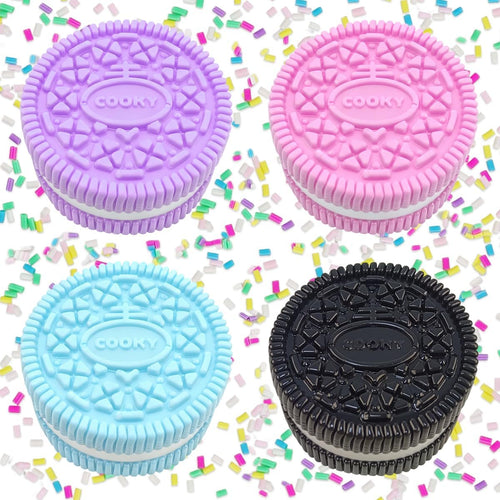 Four scented sandwich cookie squishy toys with rainbow sprinkles