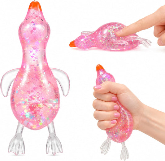 Pink glitter duck squishy with sparkly water beads