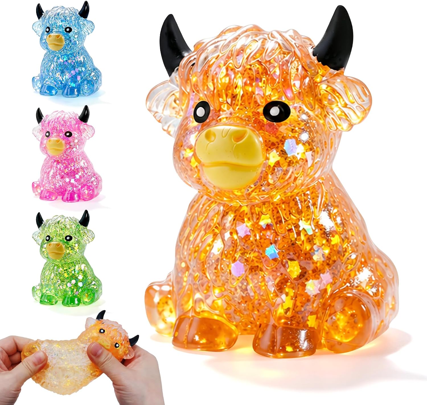Orange star glitter crystal highland cow squishy stress ball