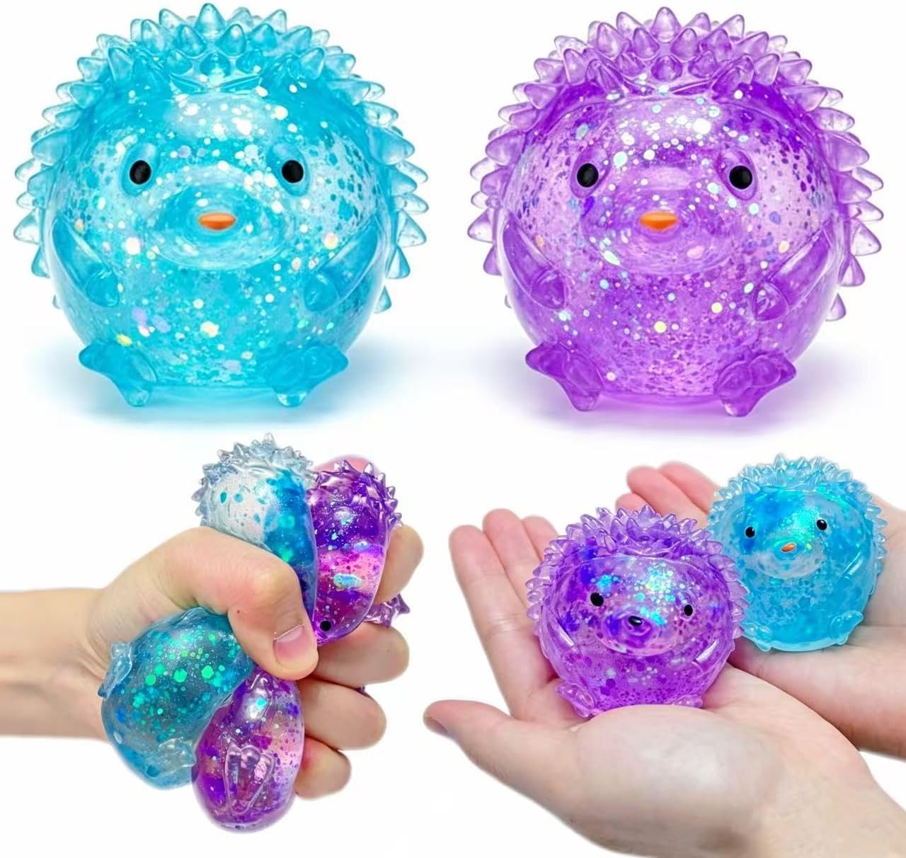 Blue and purple glitter hedgehog squishy 2 pack stress balls